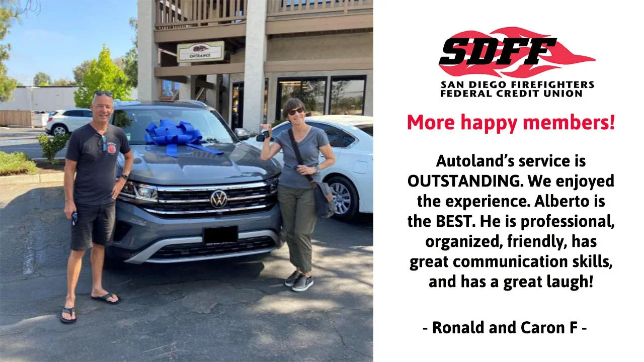 A couple stands beside an SUV. The text features the SDFFCU logo, it congratulates Alberto for his personality and skills