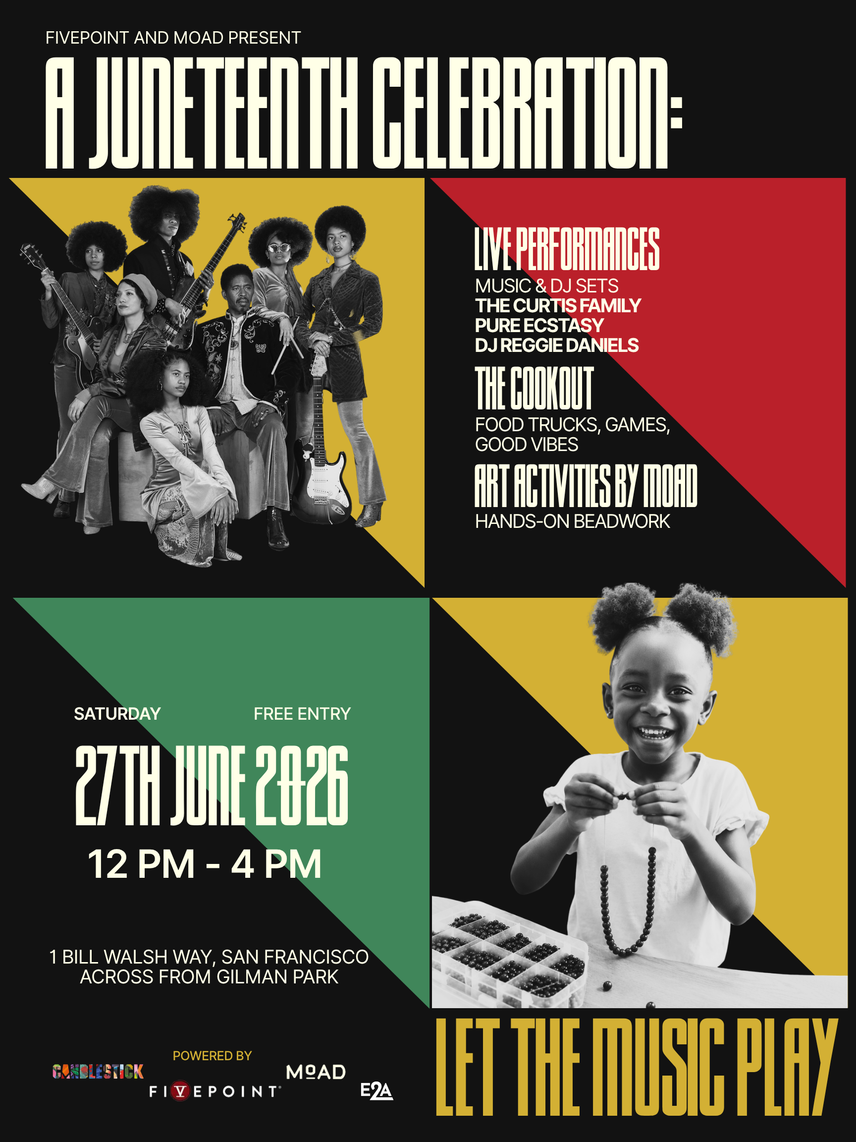 The Curtis Family Band and a young girl smiling and making a bead necklace. Details include live performances by The Curtis Family, Pure Ecstacy & DJ. The Cookout lists food trucks and good vibes. Free entry. Saturday June 27 2026 12pm - 4pm