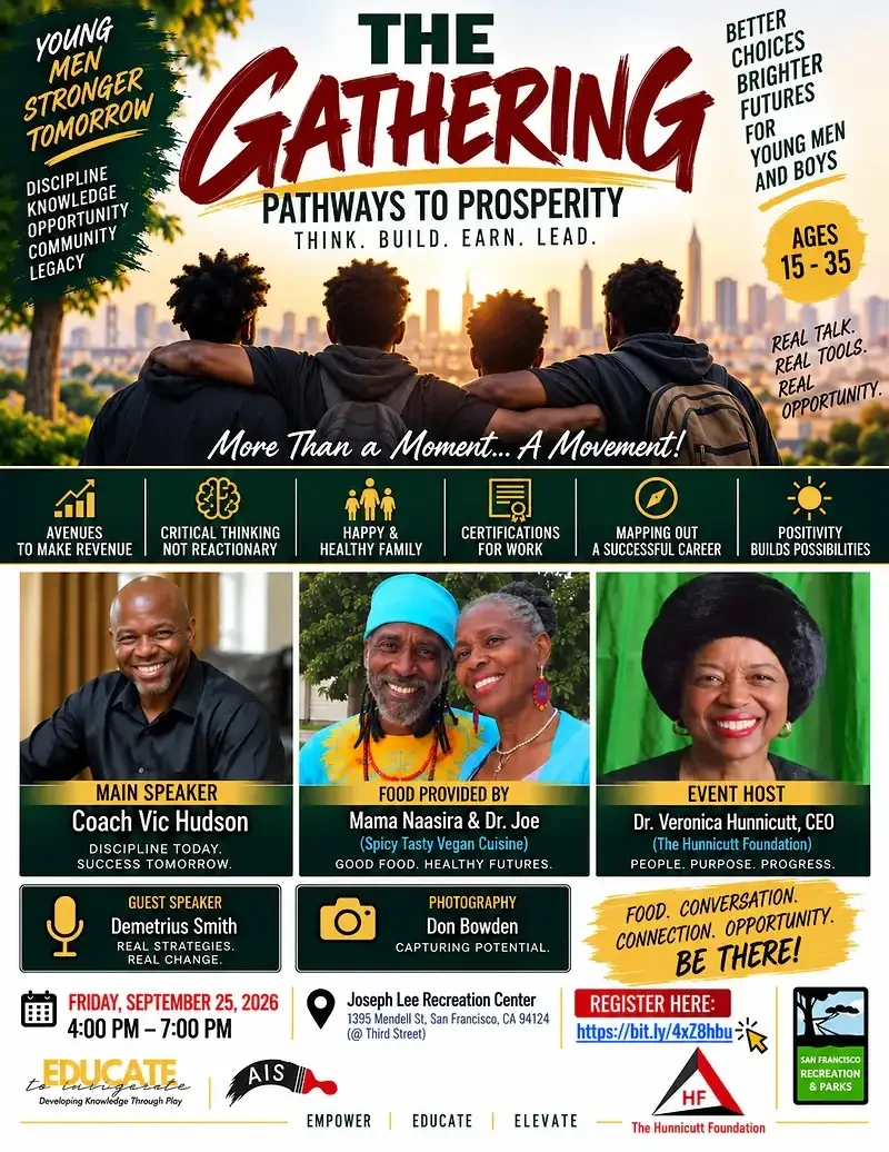 Event flyer - The Gathering: Pathways To Prosperity - 4 young men locked in arms, back to the camera facing a cityscape. With event details below