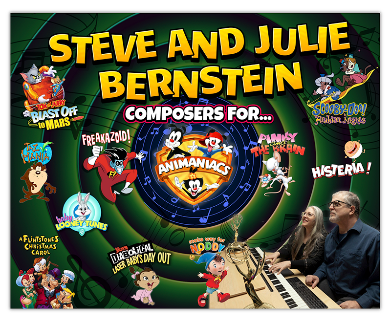 A colorful poster featuring Steve and Julie Bernstein as composers for various animated TV shows and movies, including Tom and Jerry, Scooby-Doo, Histeria!, Baby Looney Tunes, and others. The poster shows characters from these shows and notes their work in musical compositions.