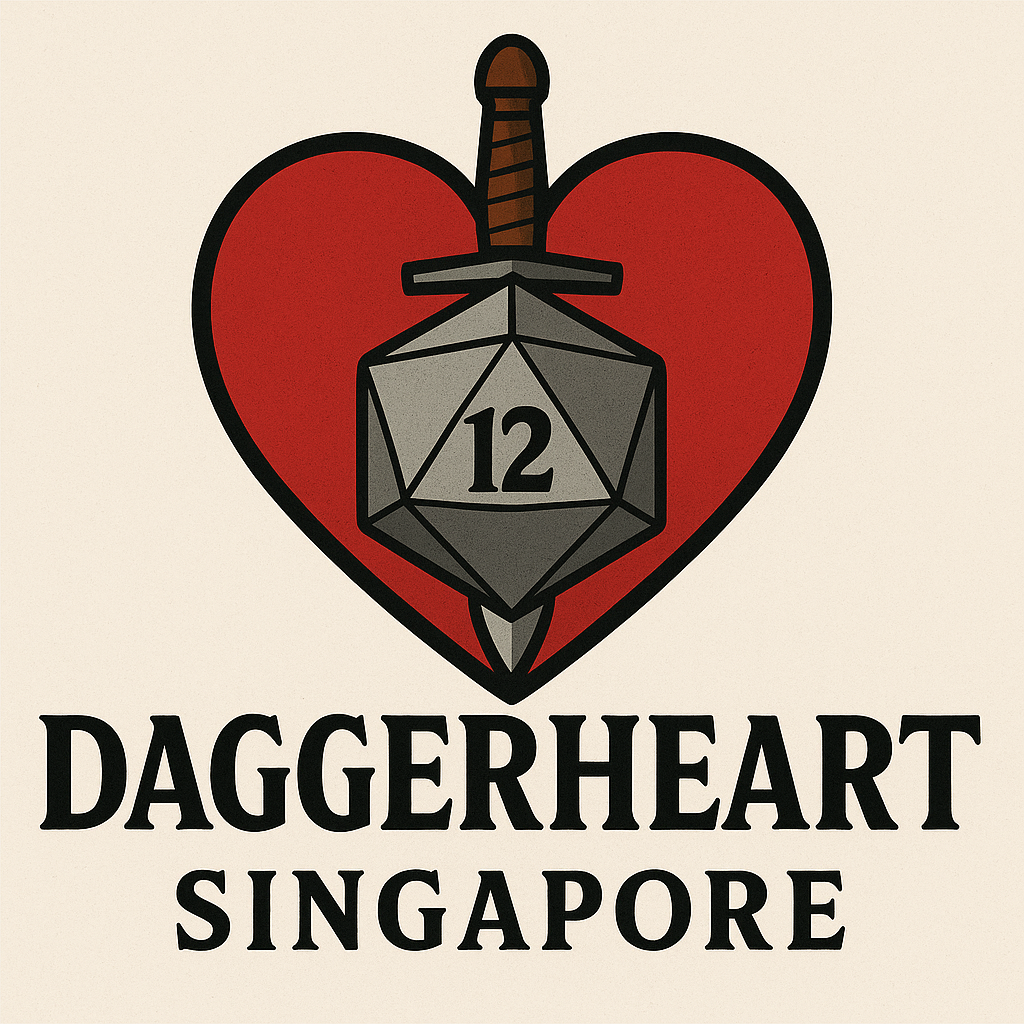 Daggerheart Singapore tabletop RPG community logo, which shows A red heart, with a dagger in front of it and a D12 dice with a large 12 on it. Then big clear text saying Daggerheart Singapore