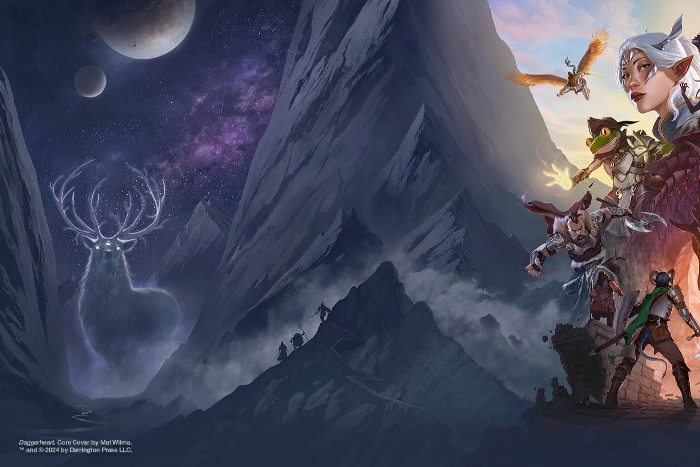 Fantasy scene featuring a mountain landscape at twilight, with a large glowing stag in the forest and a group of adventurers including a dragon, an elf, and a human warrior standing in the foreground.