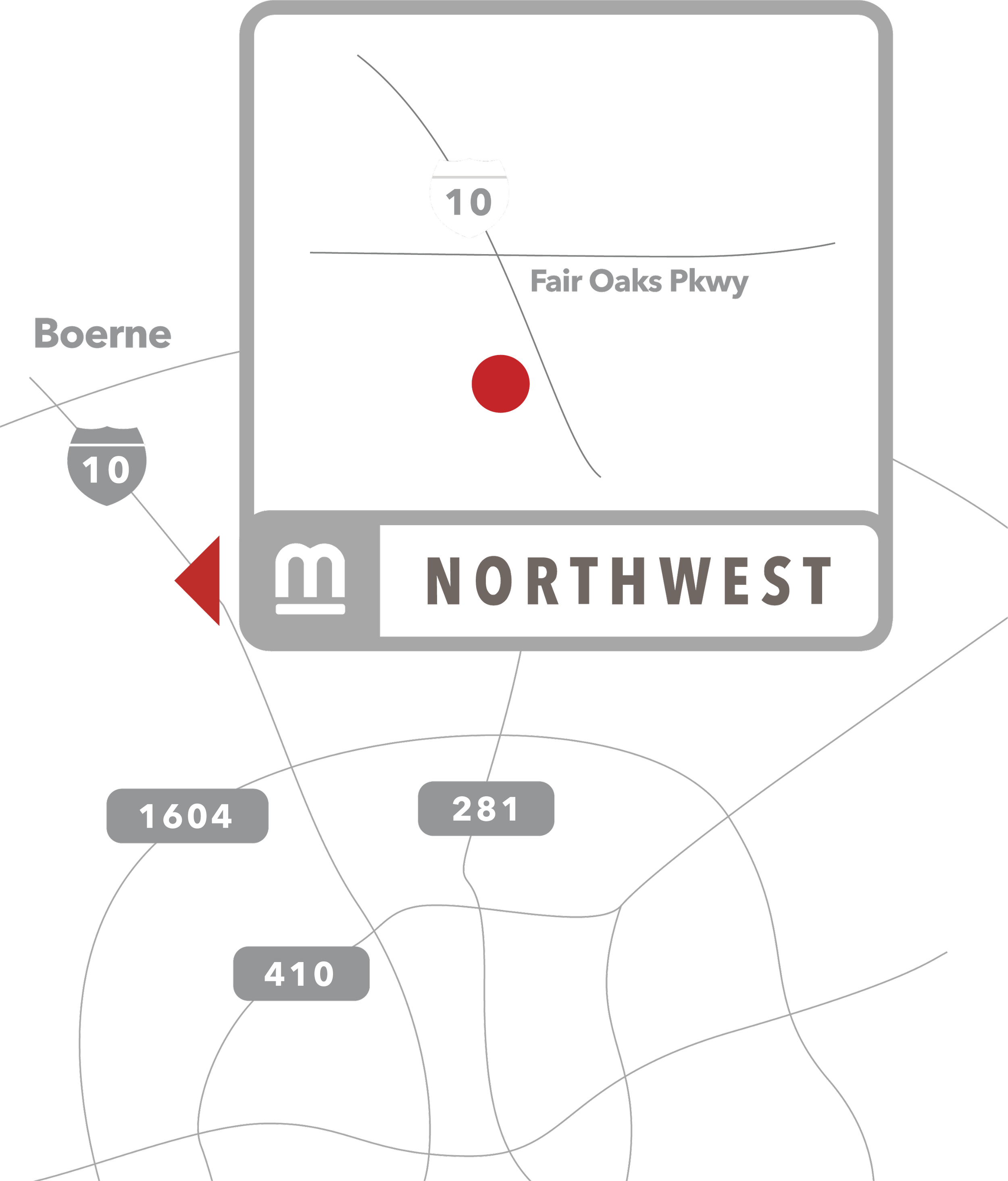 Close-up of a GPS navigation screen showing a map with highways, roads, and labels for Boerne, Fair Oaks Parkway, and Northwest.