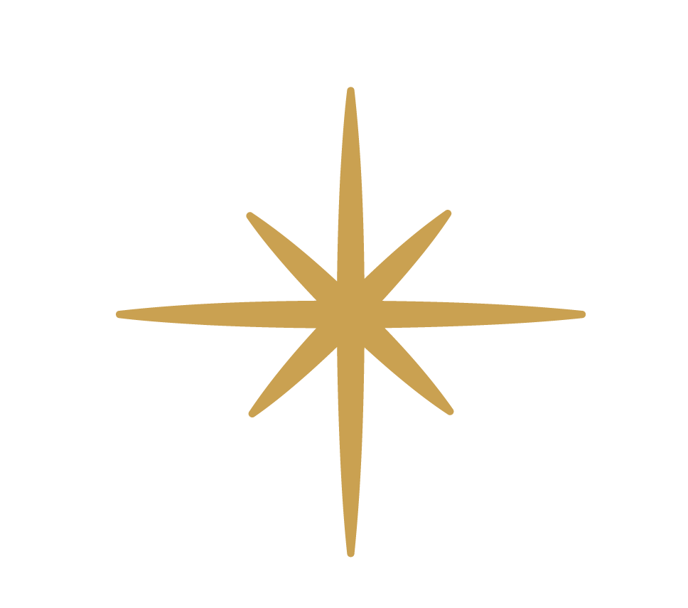 A gold star-shaped pendant or ornament with eight points, set against a white background.
