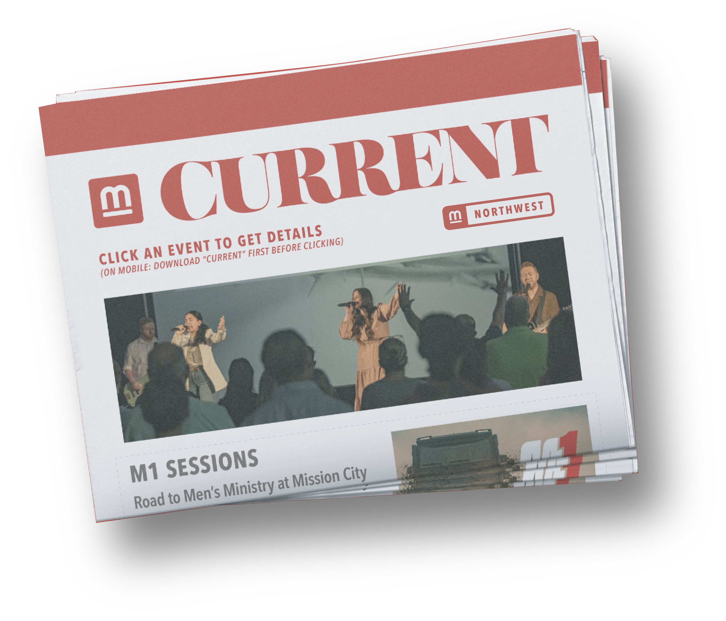 A digital newsletter or magazine titled 'CURRENT' with a photo of a live music performance on stage and an article about a road to Men’s Ministry at Mission City.