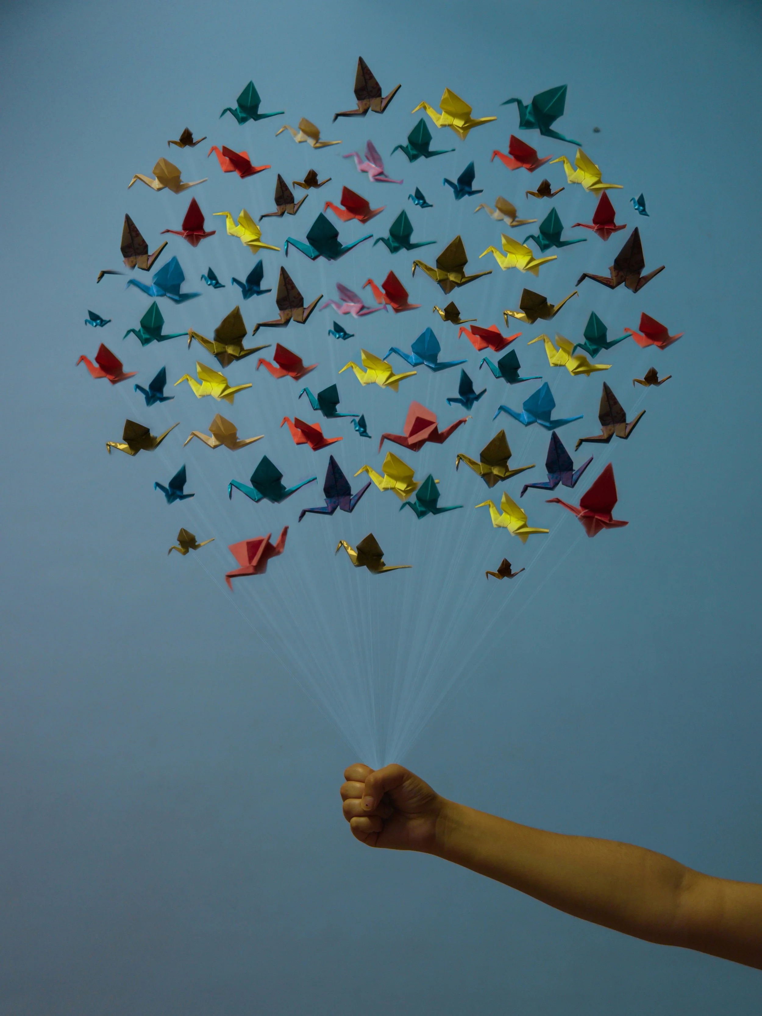 Balloon of flying origami birds – representing leadership, clarity, and direction