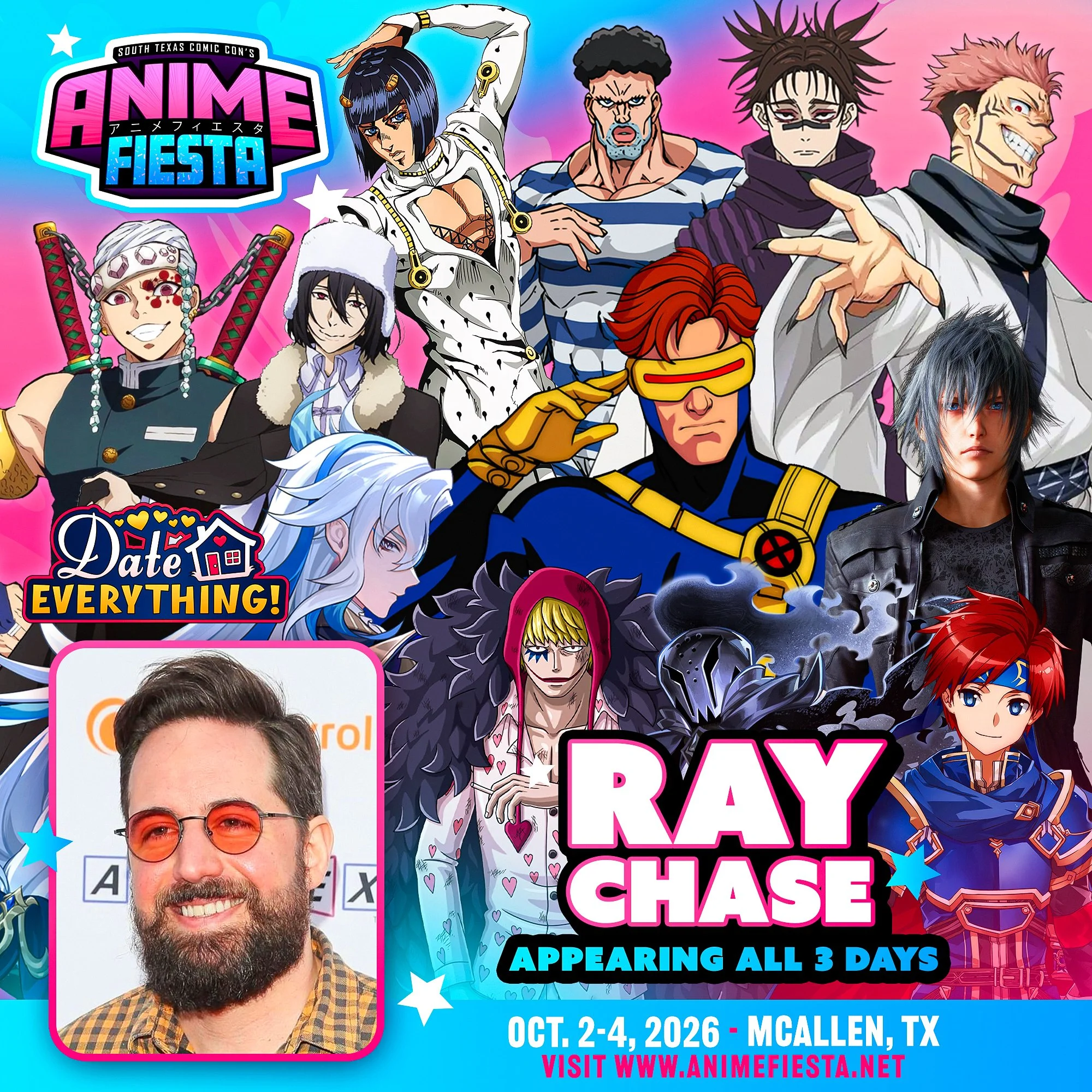 Graphic Containing an advertisement for Ray Chase's appearance at Anime Fiesta
