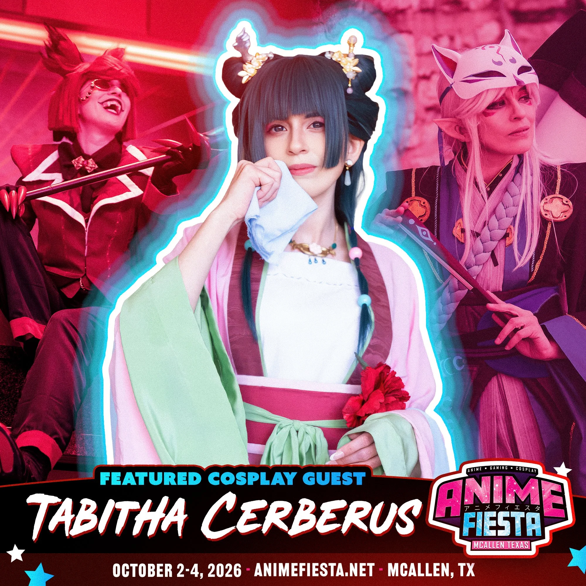 Central figure dressed in colorful cosplay with black hair, accessories, and a light green and pink outfit, flanked by two other cosplayers in elaborate costumes, on a poster promoting Animefest in McAllen, Texas, highlighting a cosplay guest.