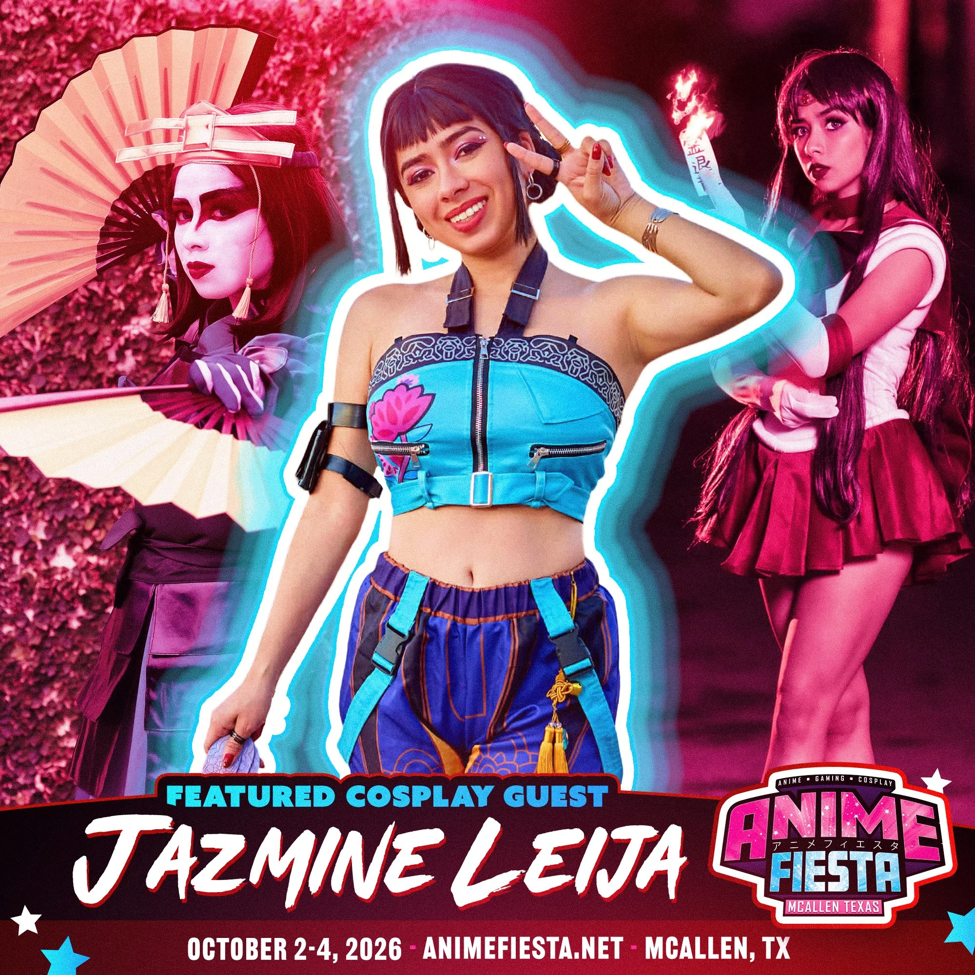Promotional poster for Anime Fiesta Texas 2026 featuring cosplayers, with details about an event happening from October 2-4, 2026, at McAllen, Texas.