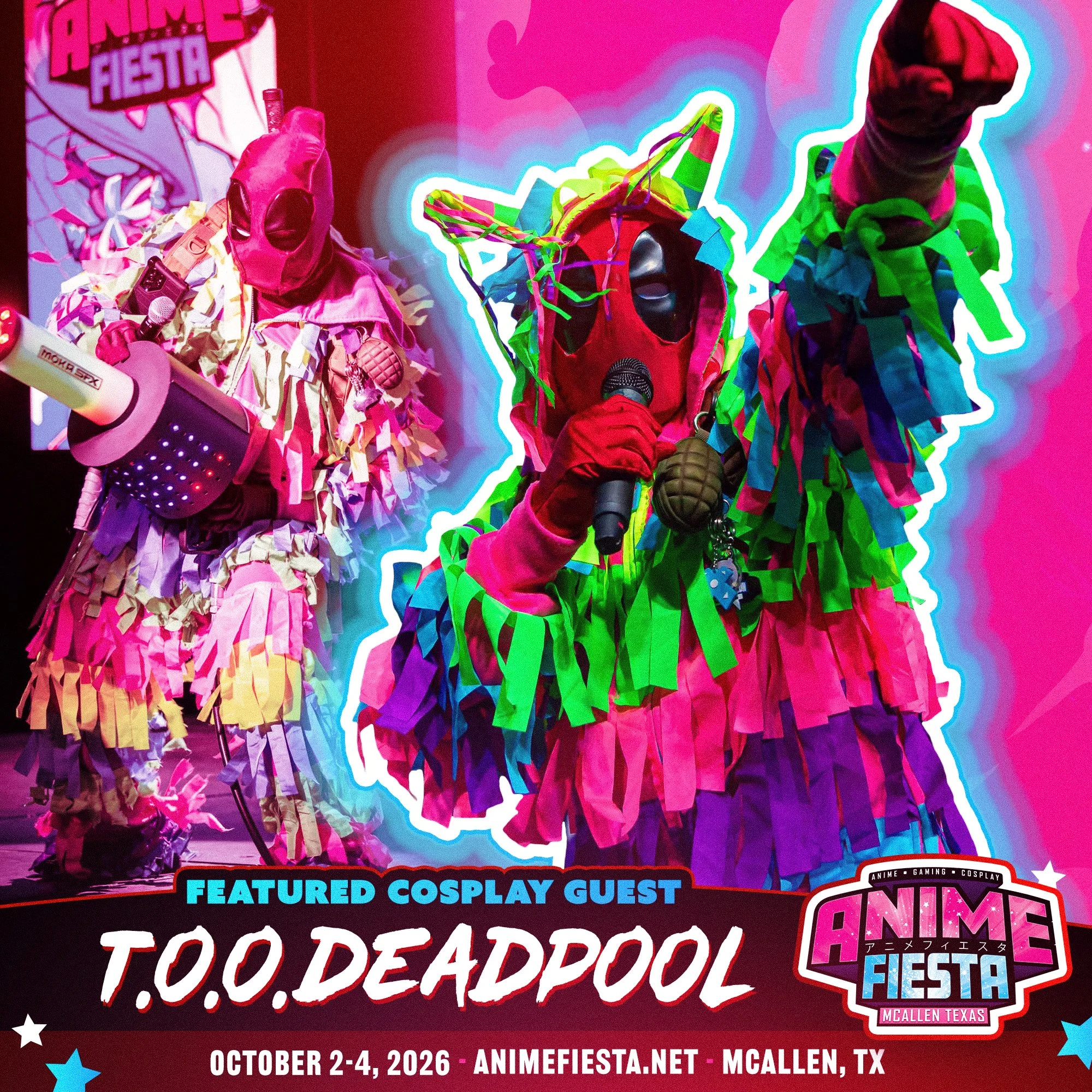 Colorful promotional poster for Anime Fiesta event featuring a cosplay guest dressed in vibrant, layered costume with a pink mask, and neon outlines. The poster includes details about the event date, October 2-4, 2026, in McAllen, Texas.