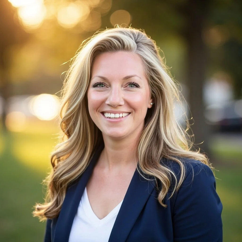 A smiling woman with long wavy blonde hair wearing a white top and navy blazer outdoors with a blurred background of trees and sunlight.