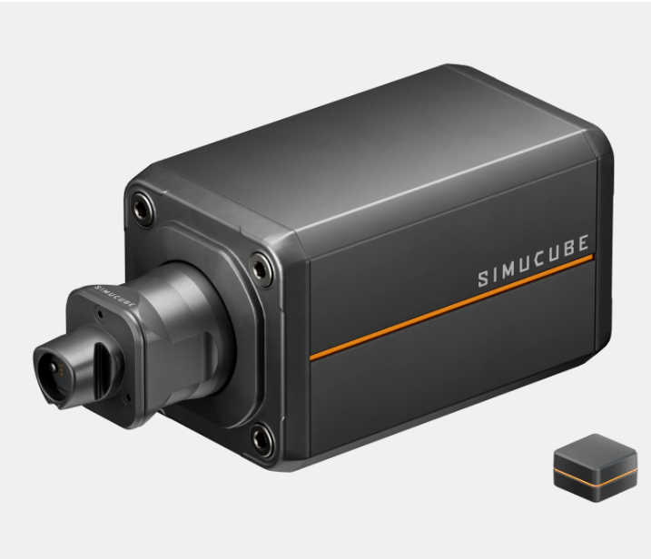 A black SimuCube motion platform actuator with silver mounting plate and logo.
