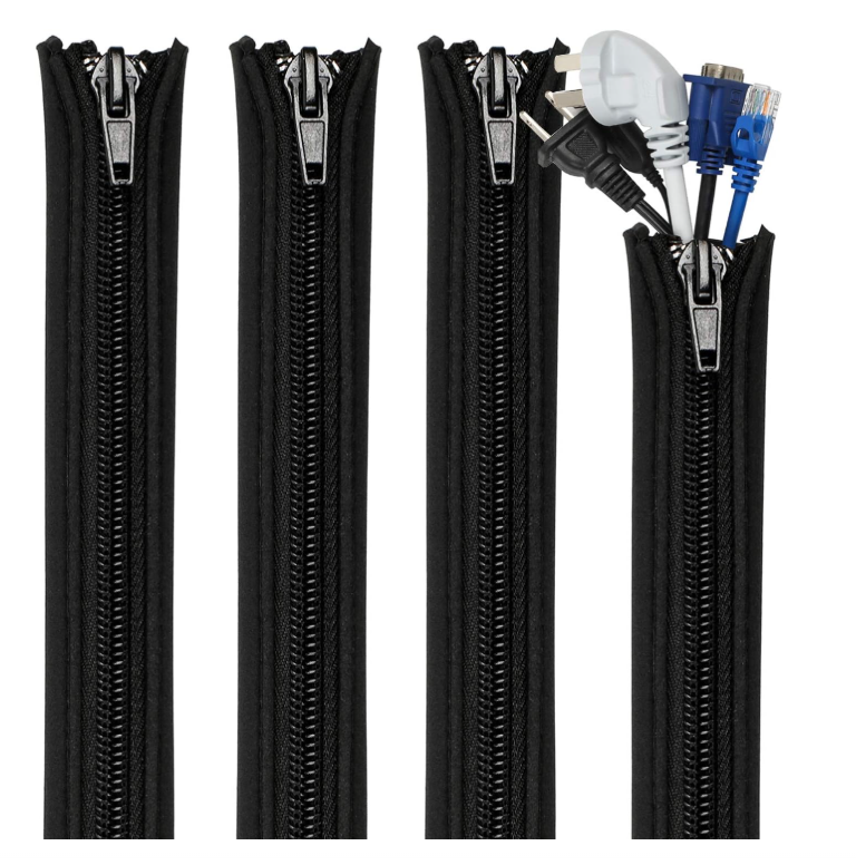 Four black cases with red tags, one containing various computer cables, including USB, VGA, Ethernet, and power cords.