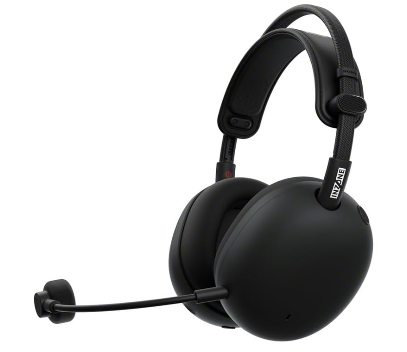 Black wireless over-ear headphones with detachable Bluetooth transmitter and rechargeable batteries.