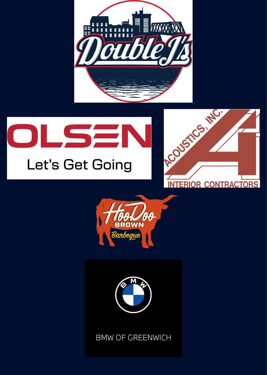 A collage of logo designs for various local businesses, including Double J's, Olsen, Acoustics Inc., HoopDoo Brown Barbeque, and BMW of Greenwich.