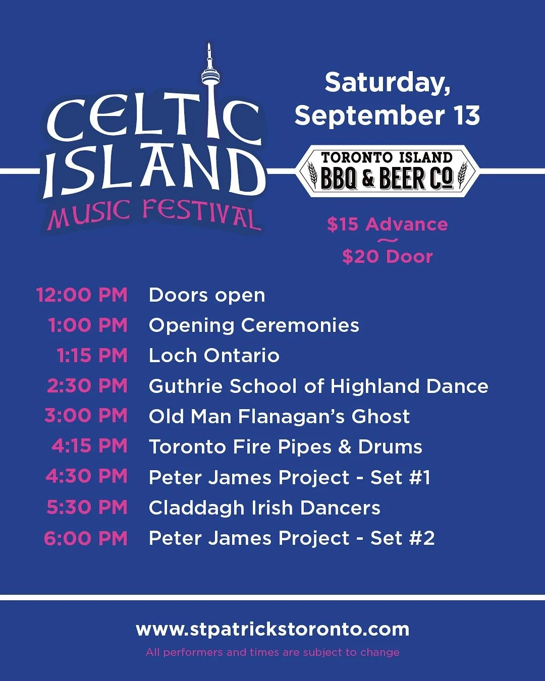 Saturday&rsquo;s schedule is set for Toronto Island. 🇮🇪 🏴󠁧󠁢󠁳󠁣󠁴󠁿 🇨🇦 

Tickets are $15 advance and $20 door. Children under 12 are free when attending with a paying adult. Ticket link available through link in bio and the websites of the St.