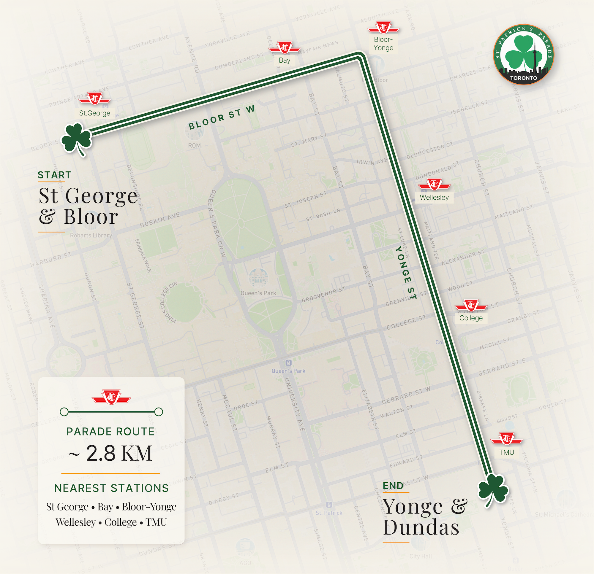 Map of the Toronto St. Patrick’s Parade route from St. George and Bloor to Yonge and Dundas with nearby TTC subway stations