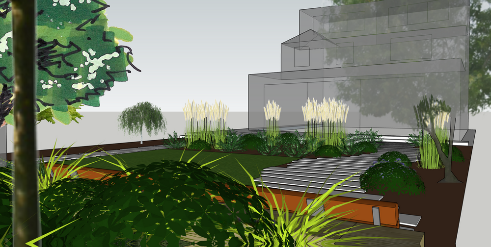 Garden with paths weaving through planting, garden design, render