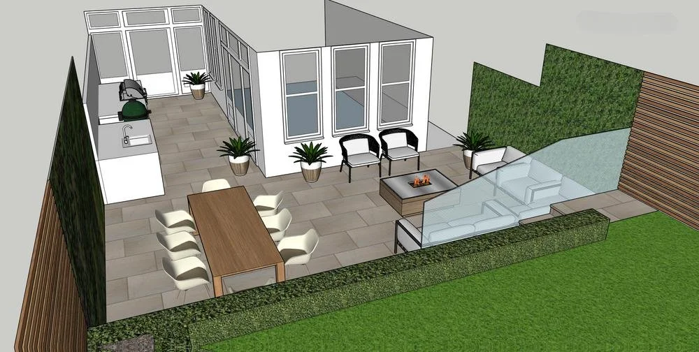 Outdoor entertainment space, outdoor kitchen, garden seating, BBQ, render