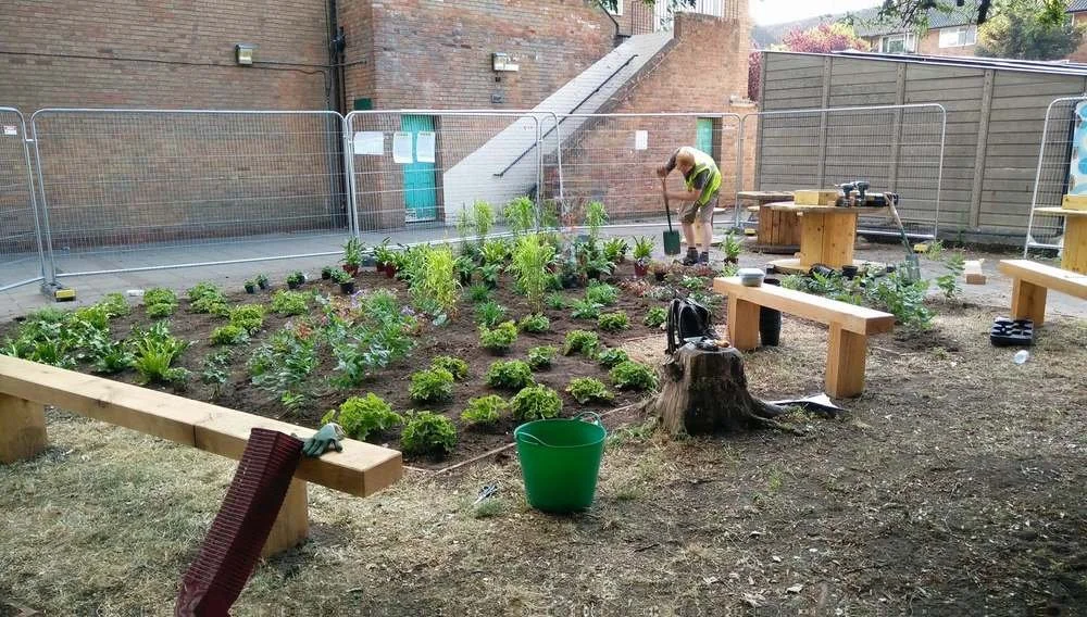 Community garden, charity, RHS, herbaceous, wooden bench, garden design