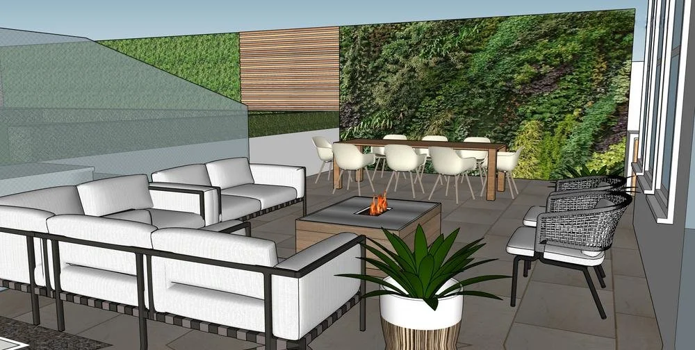 Outdoor entertainment space, garden seating, living wall, fire pit, render