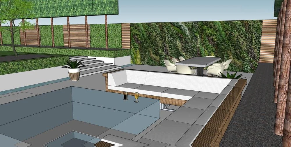 Family garden, pleached trees, green wall, entertainment space, garden privacy, outdoor seating, render
