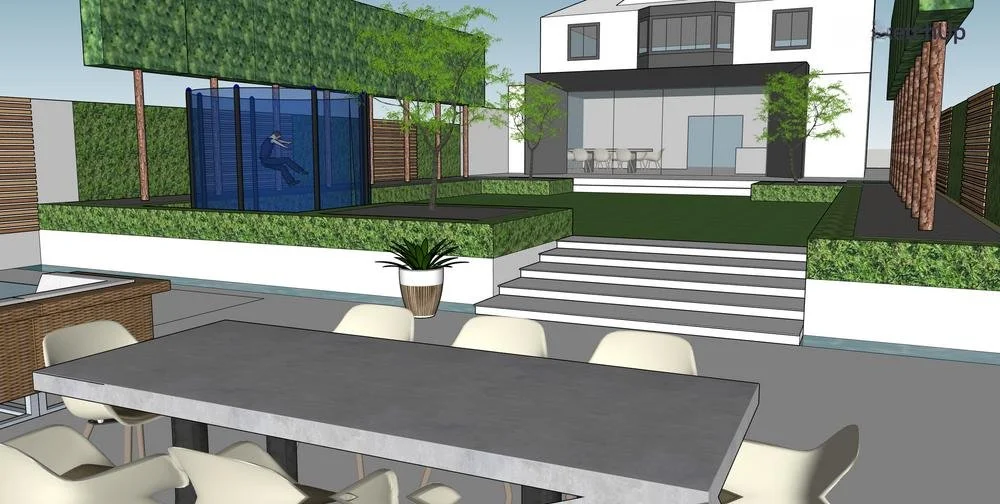 Family garden, large lawn, pleached trees, entertainment space, trampoline, garden privacy, outdoor seating, render