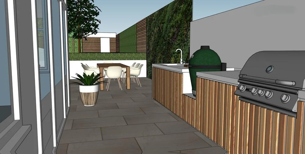 Outdoor entertainment space, outdoor kitchen, garden table and chairs, BBQ, render