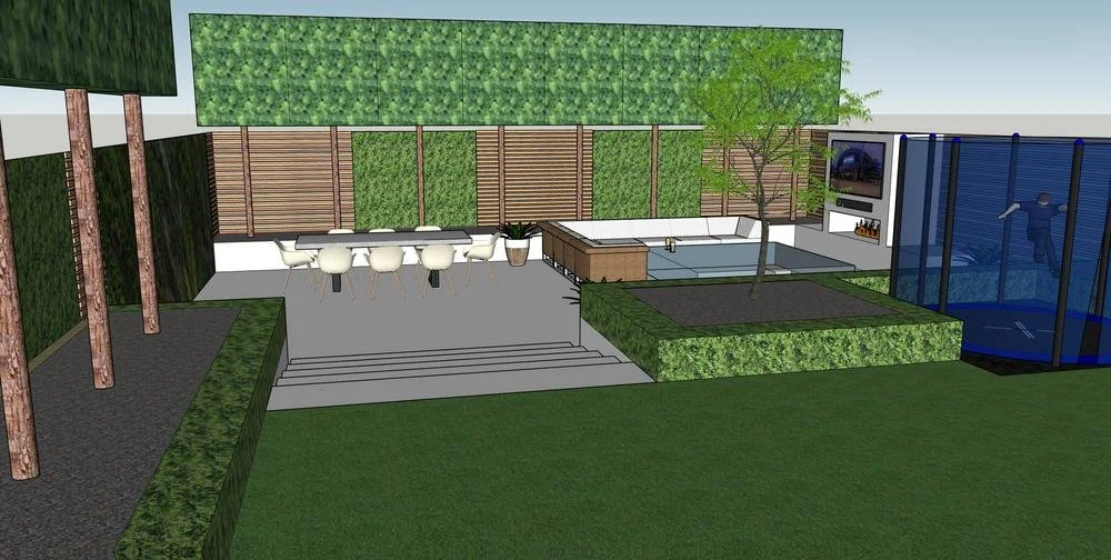 Family garden, pleached trees, entertainment space, garden privacy, outdoor seating, outdoor fire pit, TV screen, render