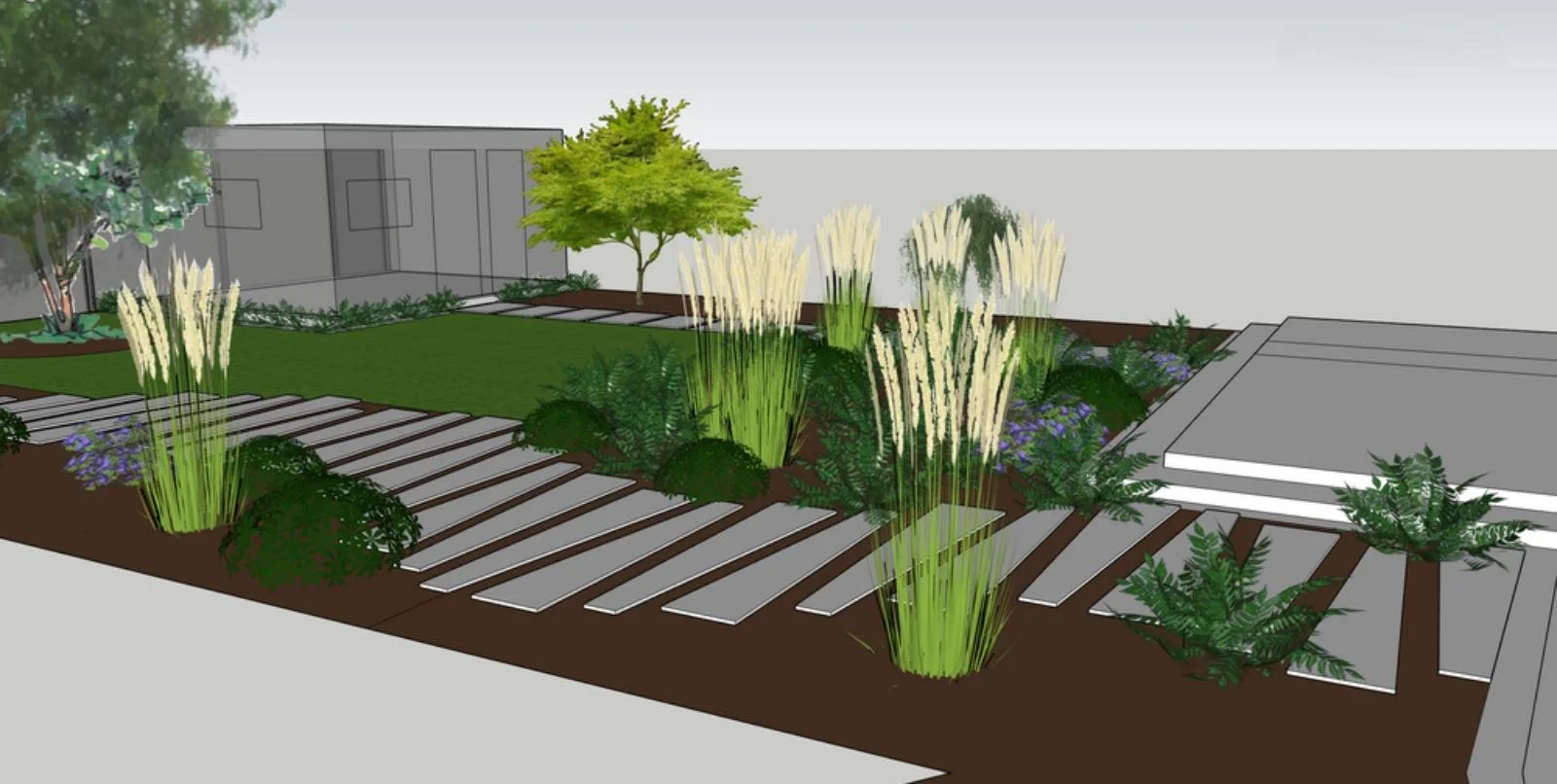 Garden with paths weaving through planting, garden design, render