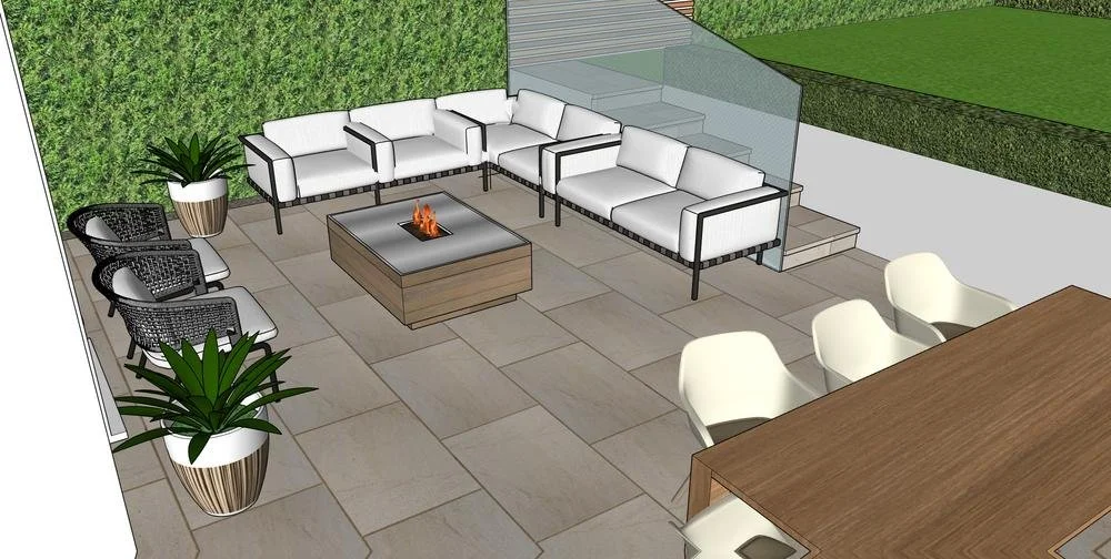 Outdoor entertainment space, garden seating, living wall, fire pit , table and chairs, render
