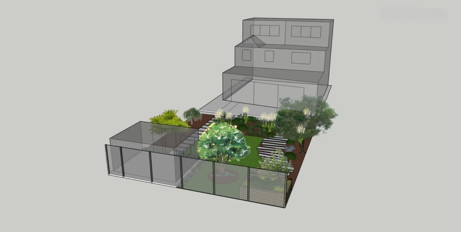 Garden with paths weaving through planting, garden design, render