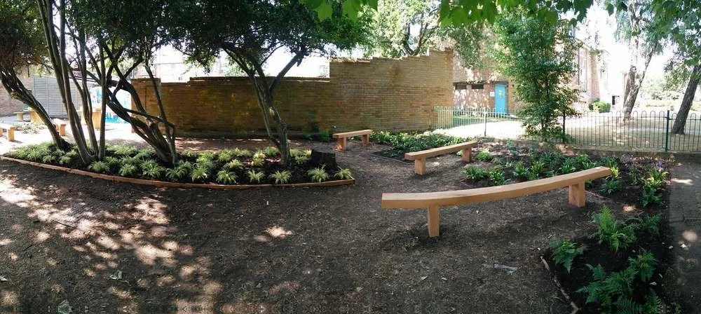 Community garden, charity, RHS, herbaceous, wooden bench, shade garden, garden design