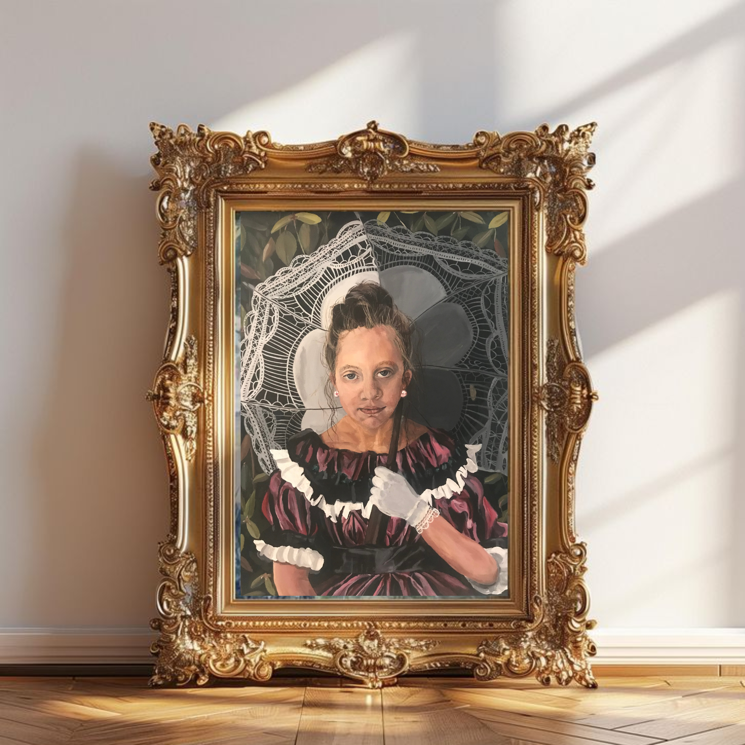 Portrait of a woman in a Victorian dress holding a parasol, with a spider web background, inside an ornate gold frame