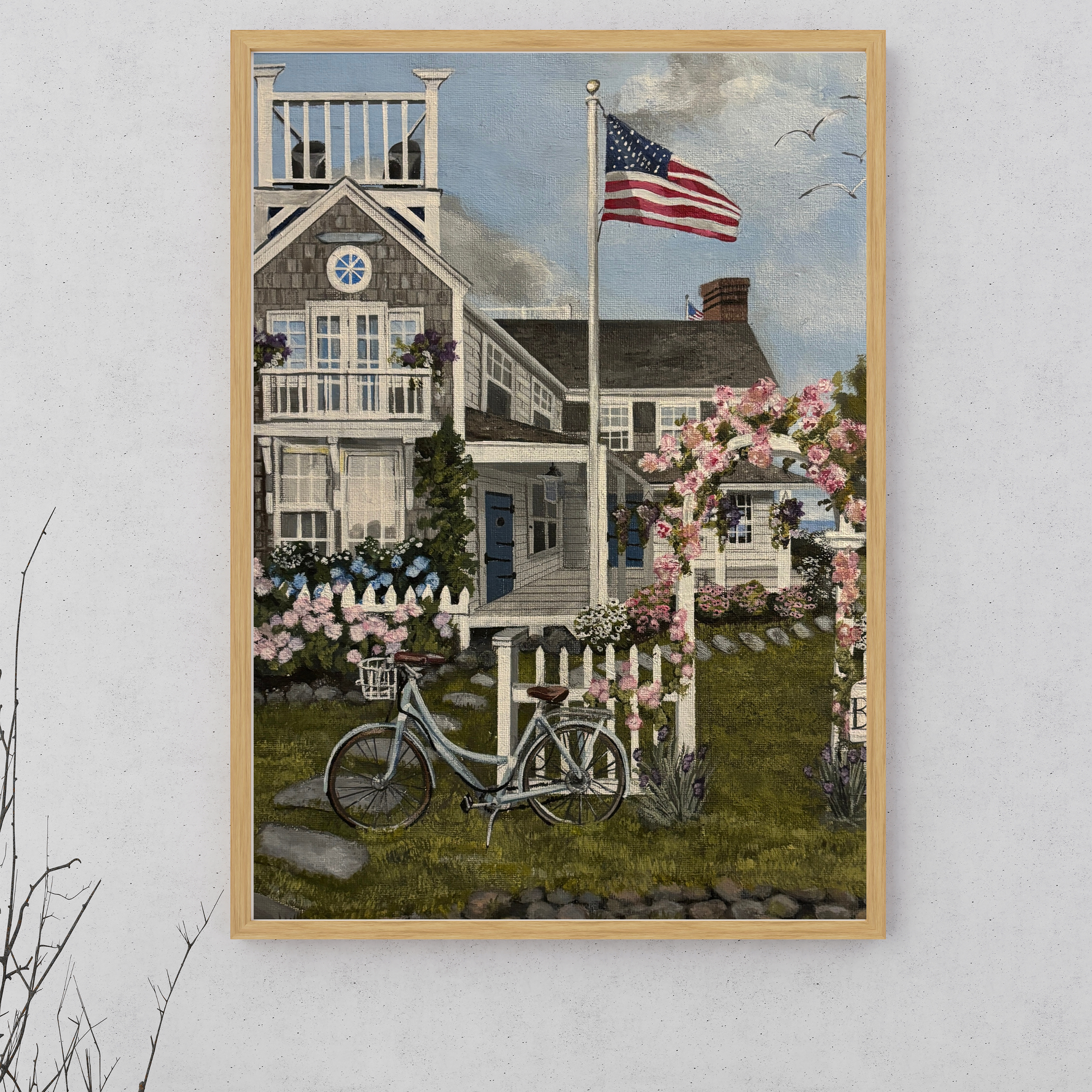 Painting of a house with a porch, surrounded by pink and purple flowers, with an American flag on a flagpole, a bicycle in the front yard, and a pink flower archway.