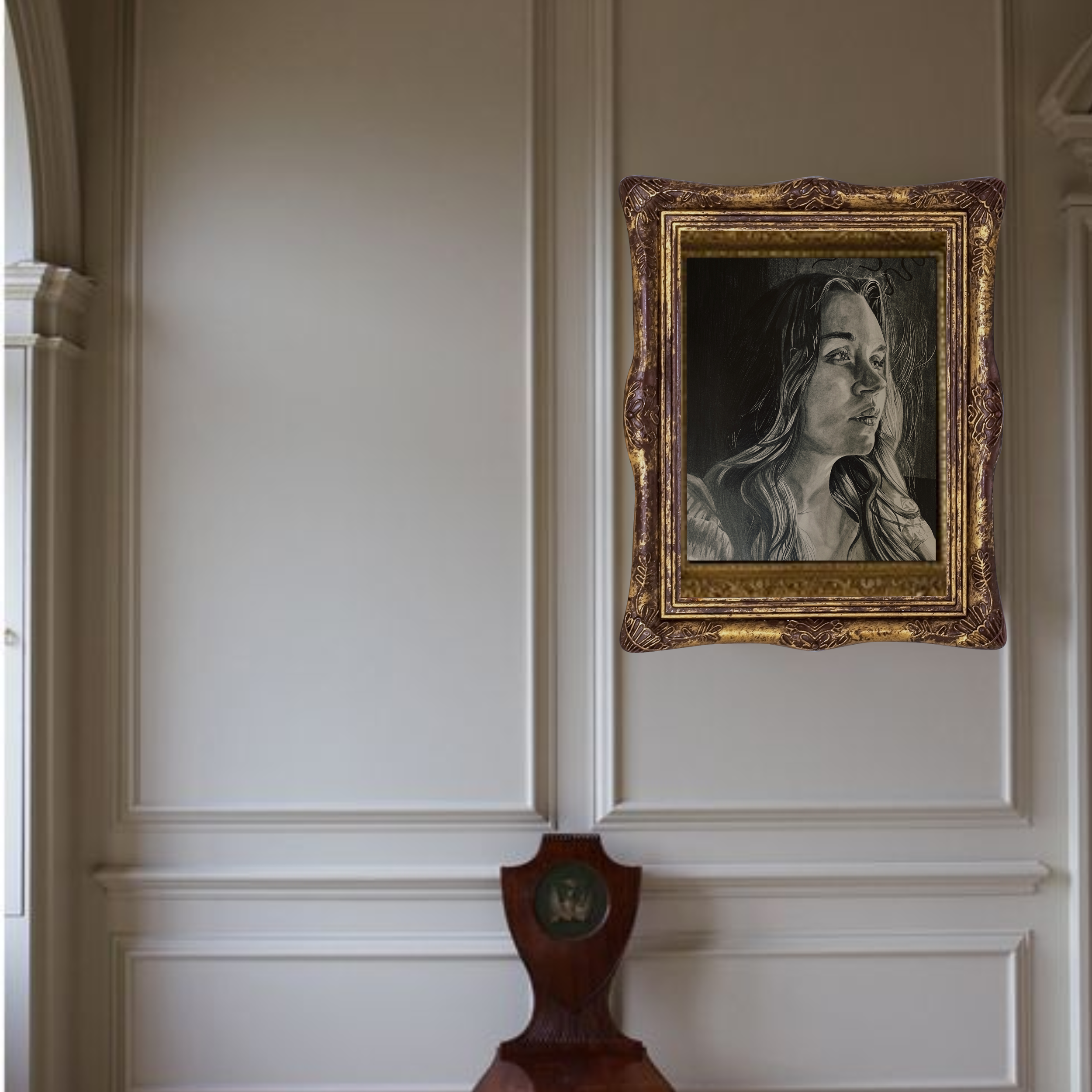 A black and white painting of a woman with long wavy hair, framed in ornate gold on a white wall. Below the painting, there is a small vintage clock with a wooden frame and a round face, sitting on a wooden stand.