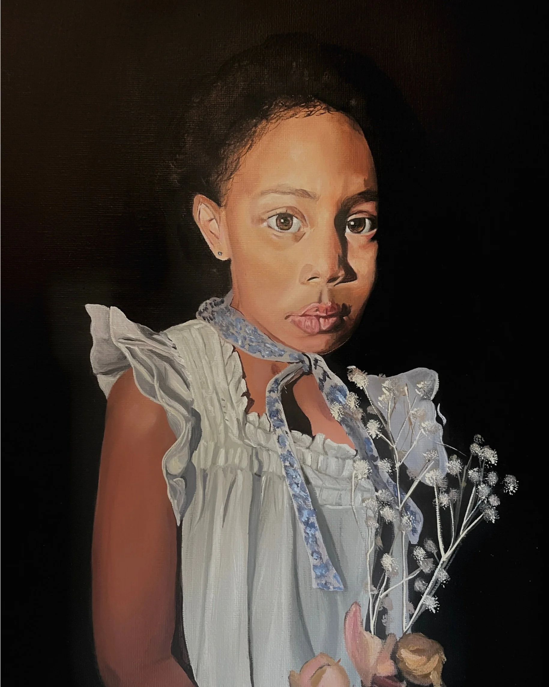 A realistic painting of a woman with light brown skin, dark curly hair, and large expressive eyes, holding white flowers with delicate stems, against a black background.
