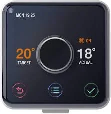 Digital thermostat display showing target temperature of 20°C and actual temperature of 18°C with control icons.