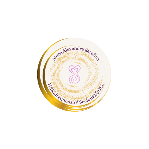 Ein Logo in sandfarbe. Der ewige Kreis, die unendliche Geschichte. Zwei goldene Mondsicheln halten Name Alena Alexandra Serafina oben & Herzfrequenz & Seelenfluegel unten. Mittig ein Herz das sich aus einer Spriale formt in pink.