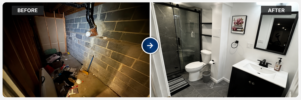 Before and after of a basement bathroom remodeled by Visionary Builders Group