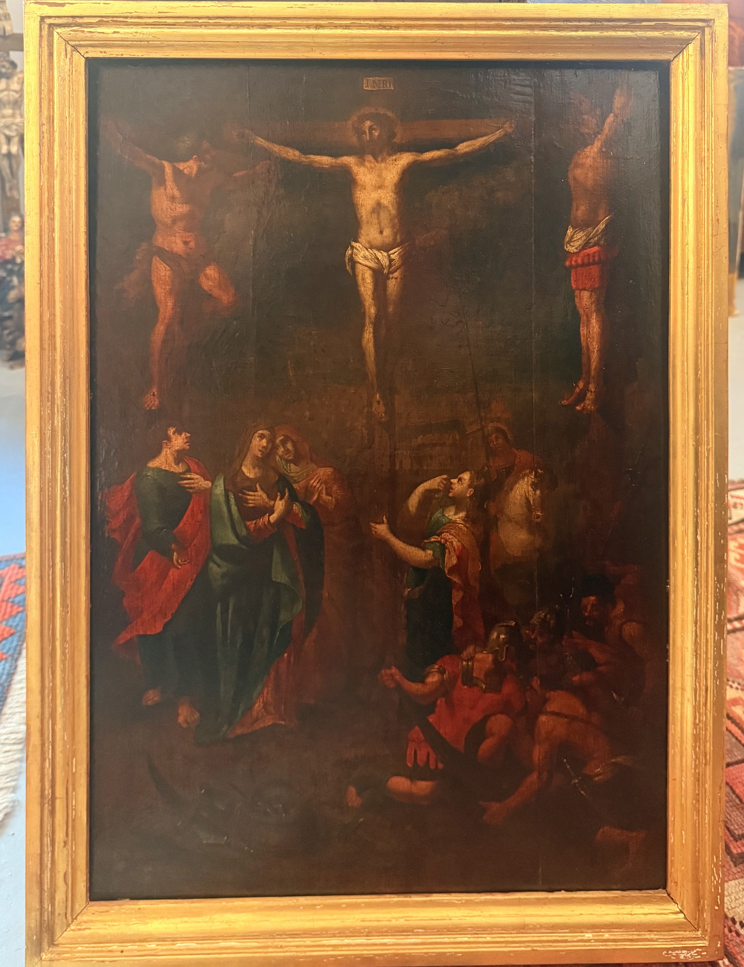 Barocke Darstellung der Kreuzigung Christi (Flämisch) – Öl auf Leinwand, 17 Jahrhundert.