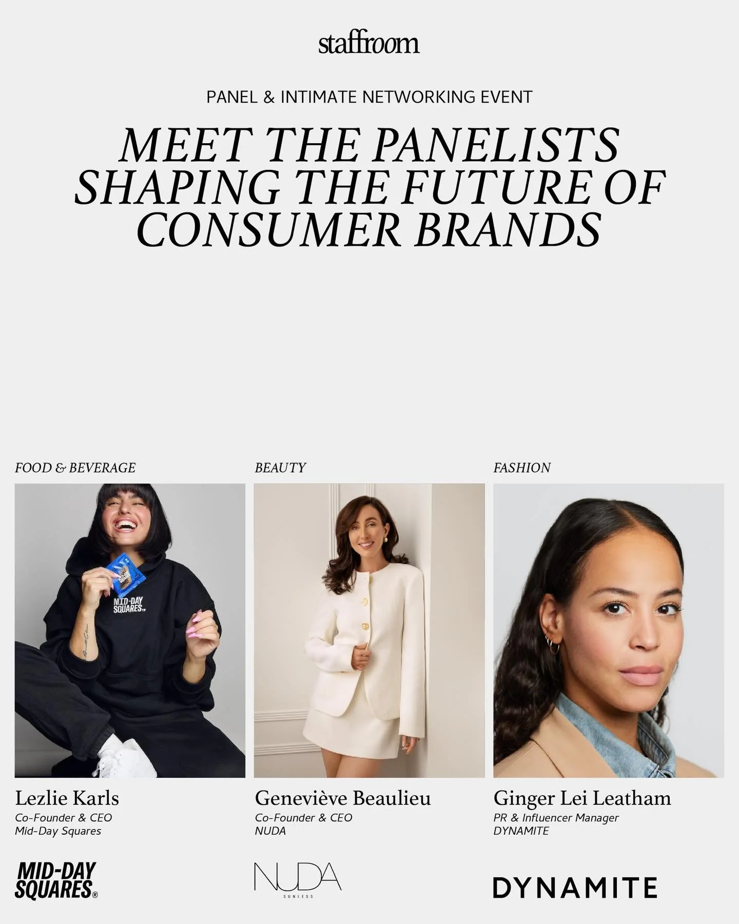 We&rsquo;re so excited for Thursday&rsquo;s event! 

Here are the amazing panelists you&rsquo;ll be hearing from. 🎤

We&rsquo;ve made sure to include one speaker from each industry (fashion, beauty, and food &amp; beverage) so you&rsquo;ll get diver