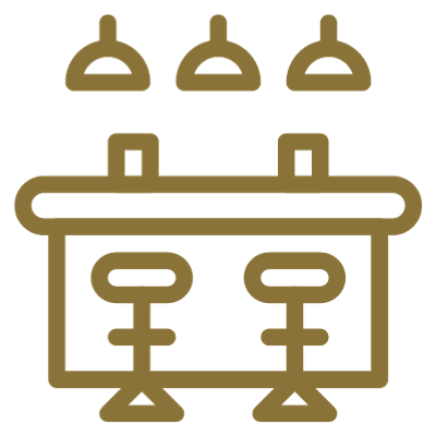 Icon of a bar with three pendant lamps overhead and two bar stools in front.