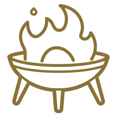 Line drawing of a traditional outdoor fire pit with flames.