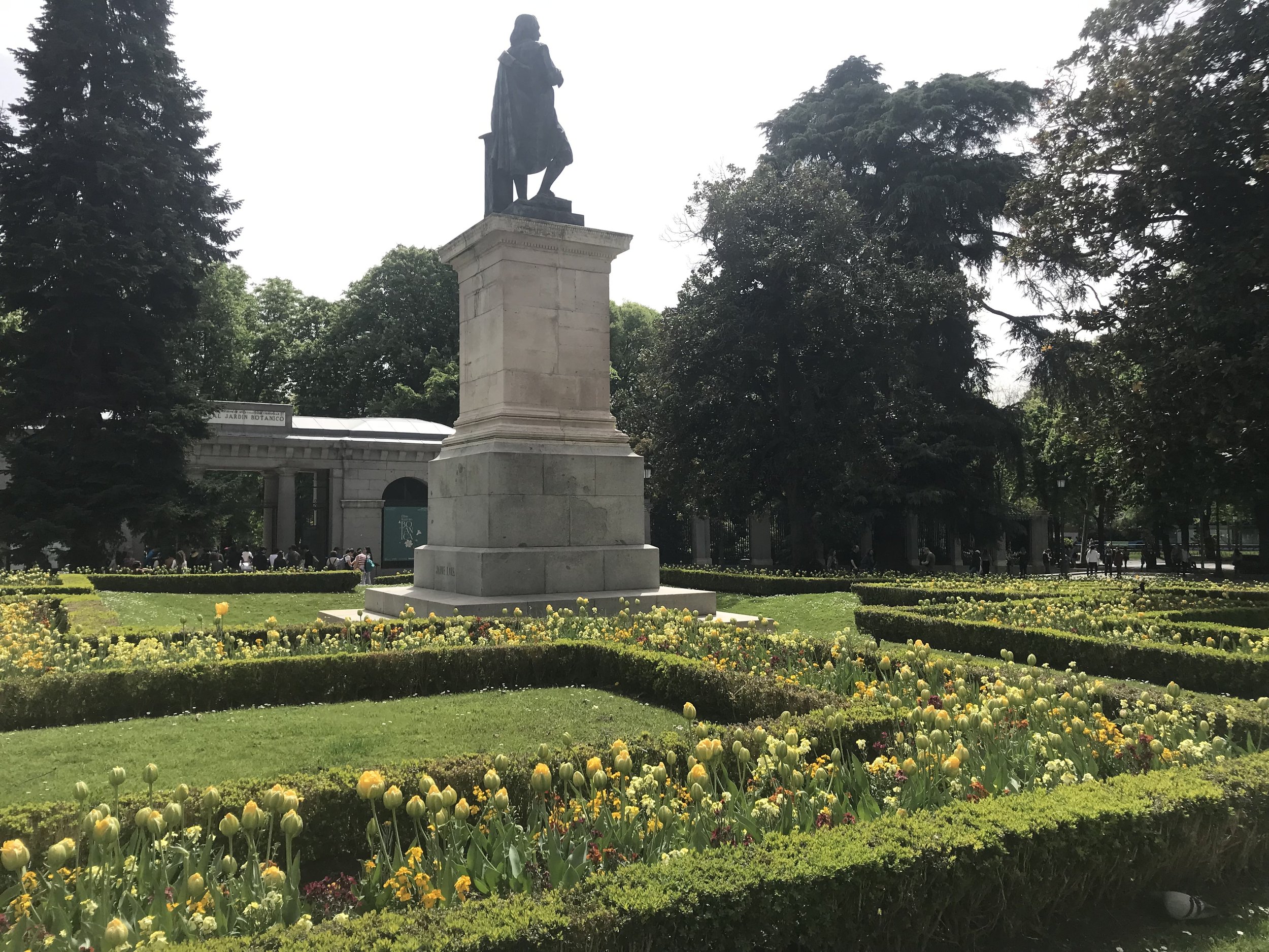Statue of a man on a pedestal surrounded by a well-maintained garden with yellow flowers and trimmed hedges, with a building and trees in the background.