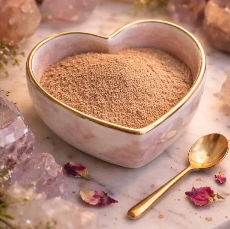 A heart-shaped dish filled with a fine brown powder, placed on a white surface with scattered dried rose petals and a small gold spoon nearby.
