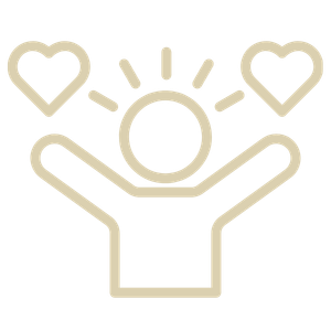 A stylized line drawing of a person with arms raised, holding a sun between two hearts.