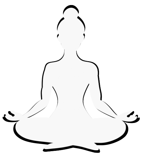 Silhouette of a person sitting in a meditative cross-legged yoga pose with hands resting on knees, in a black and white color scheme.