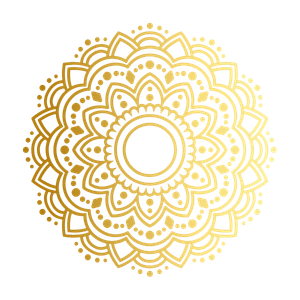 Intricate gold mandala design with multiple detailed layers, set against a black background.
