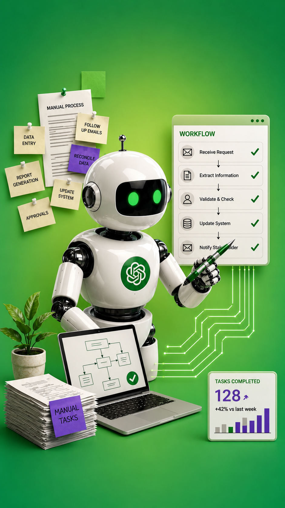 A robot with green eyes pointing to a workflow checklist on a screen, surrounded by notes, a laptop, a plant, and a task completion chart against a green background.